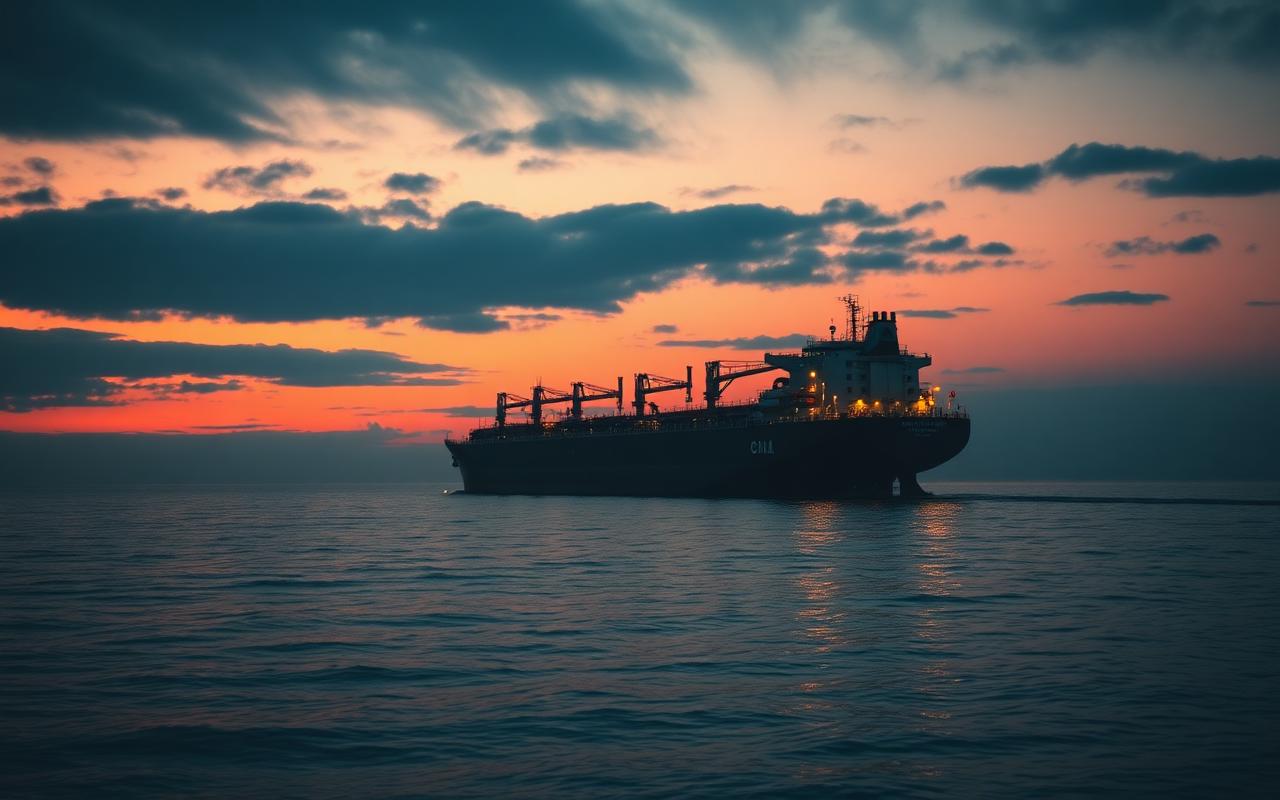Crude oil tanker at sea at dusk